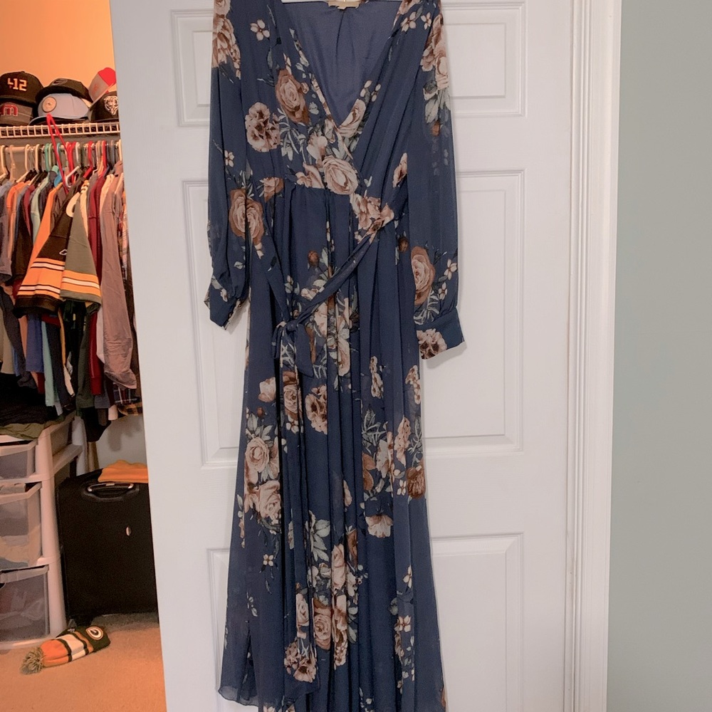 Pink blush blue floral maternity formal dress